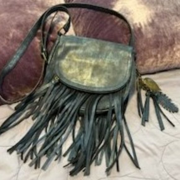 Navy Metallic-Sheen Leather Fringe Bag with Gold Spike and Feather Charm - Picture 3 of 9